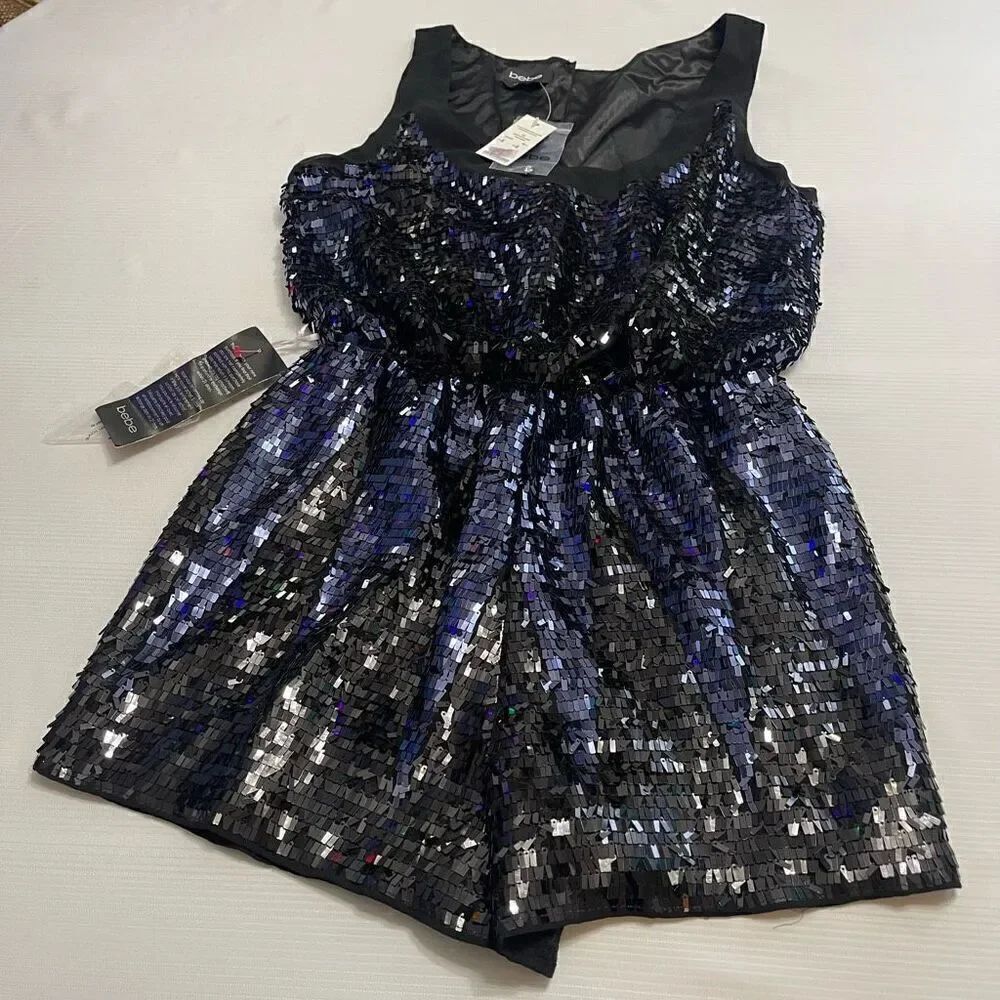 NWT BEBE Black Blue Sequin Embellished Romper Size 8 NEW